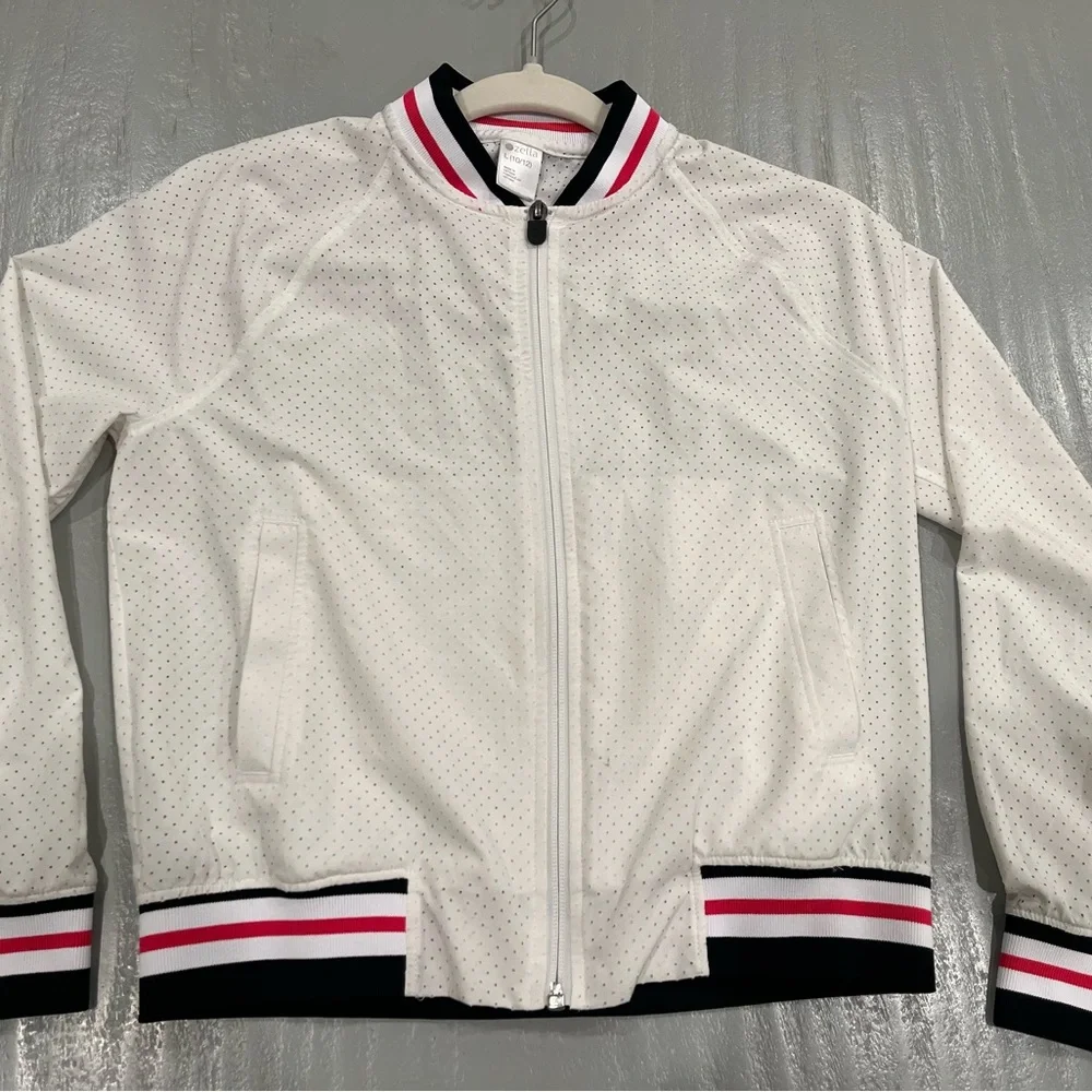 Zella Girls White Mesh Bomber Jacket Striped Collar Athletic | L 10/12